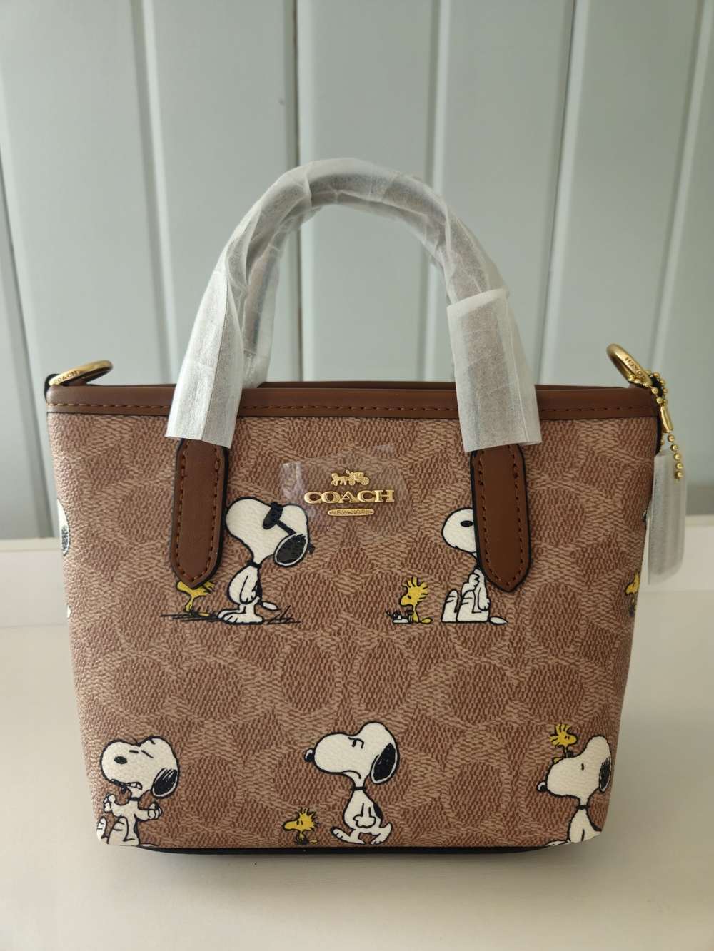 COACH Mini Tote in Brown with Snoopy & Yellow Woodstock Accents
